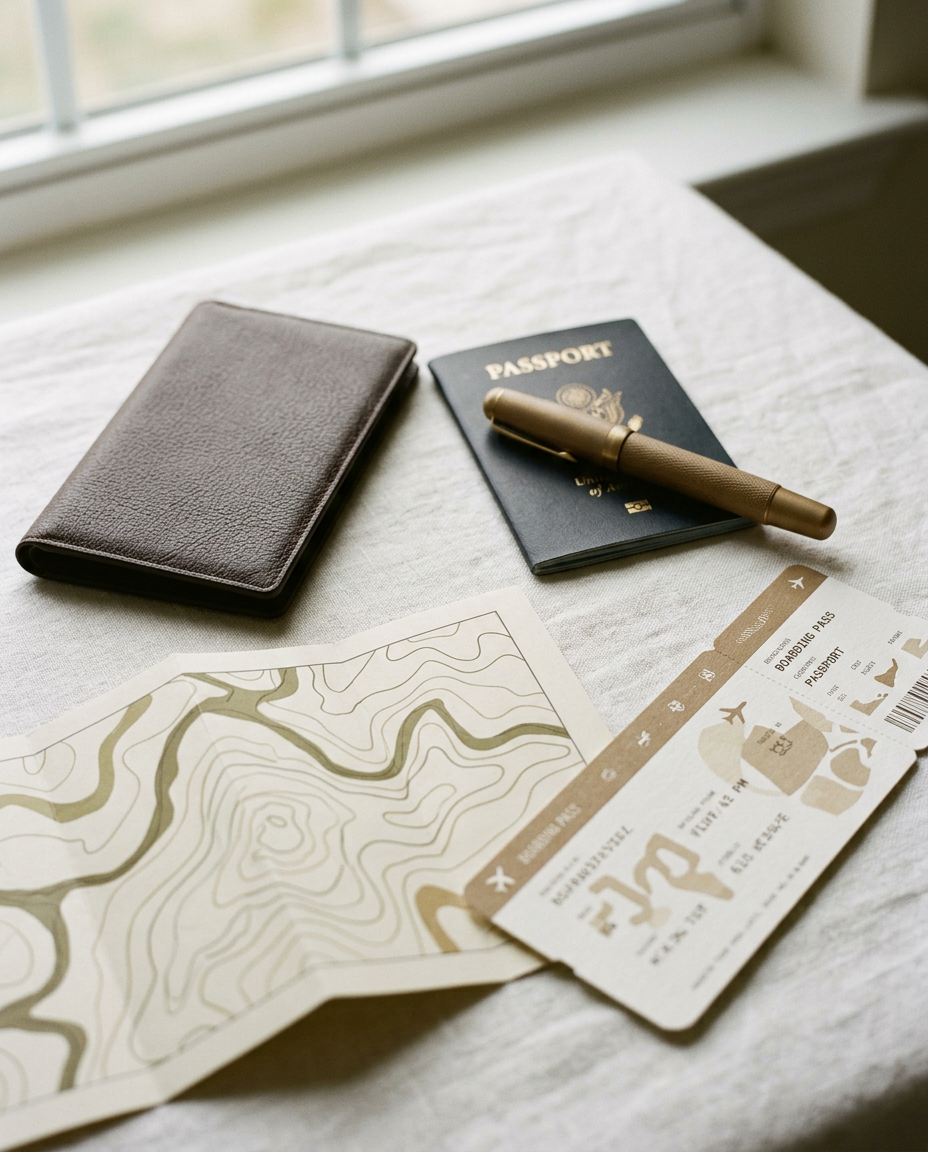Passport, boarding pass and travel wallet arranged on linen