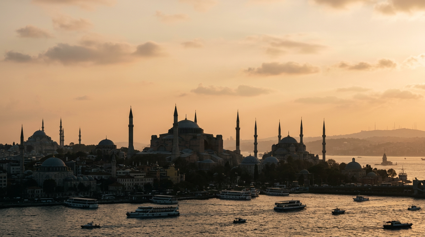 Istanbul skyline over the Bosphorus at golden hour