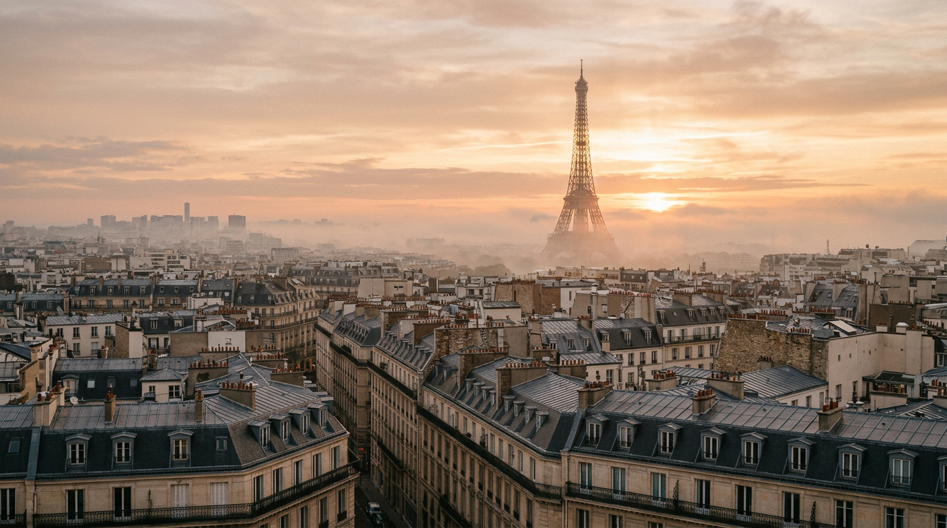 Paris rooftops with the Eiffel Tower at sunrise