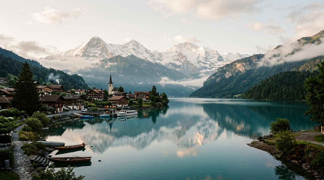 Snow-capped Swiss Alps above an alpine lake