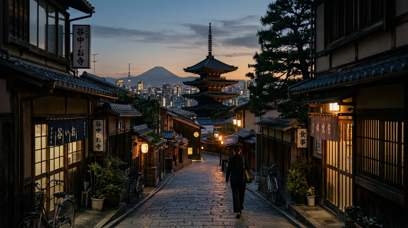 Tokyo at dusk with a traditional pagoda